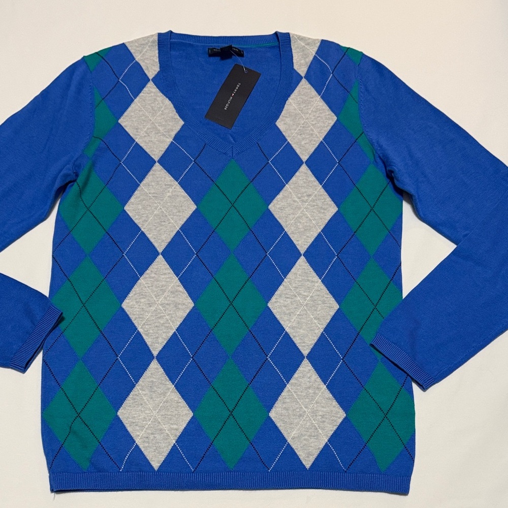 Tommy Hilfiger 100% Cotton V-Neck Sweater in Blue and Green Argyle M NWT
